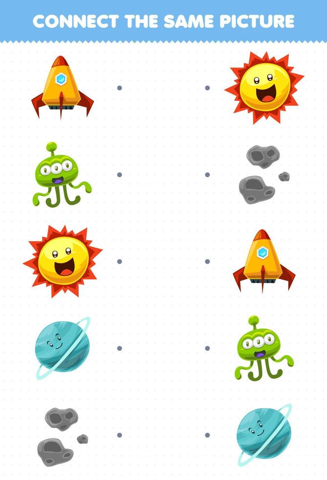 juego educativo para niños conecte la misma imagen de dibujos animados lindo sistema solar cohete alienígena sol urano asteroide hoja de trabajo imprimible vector