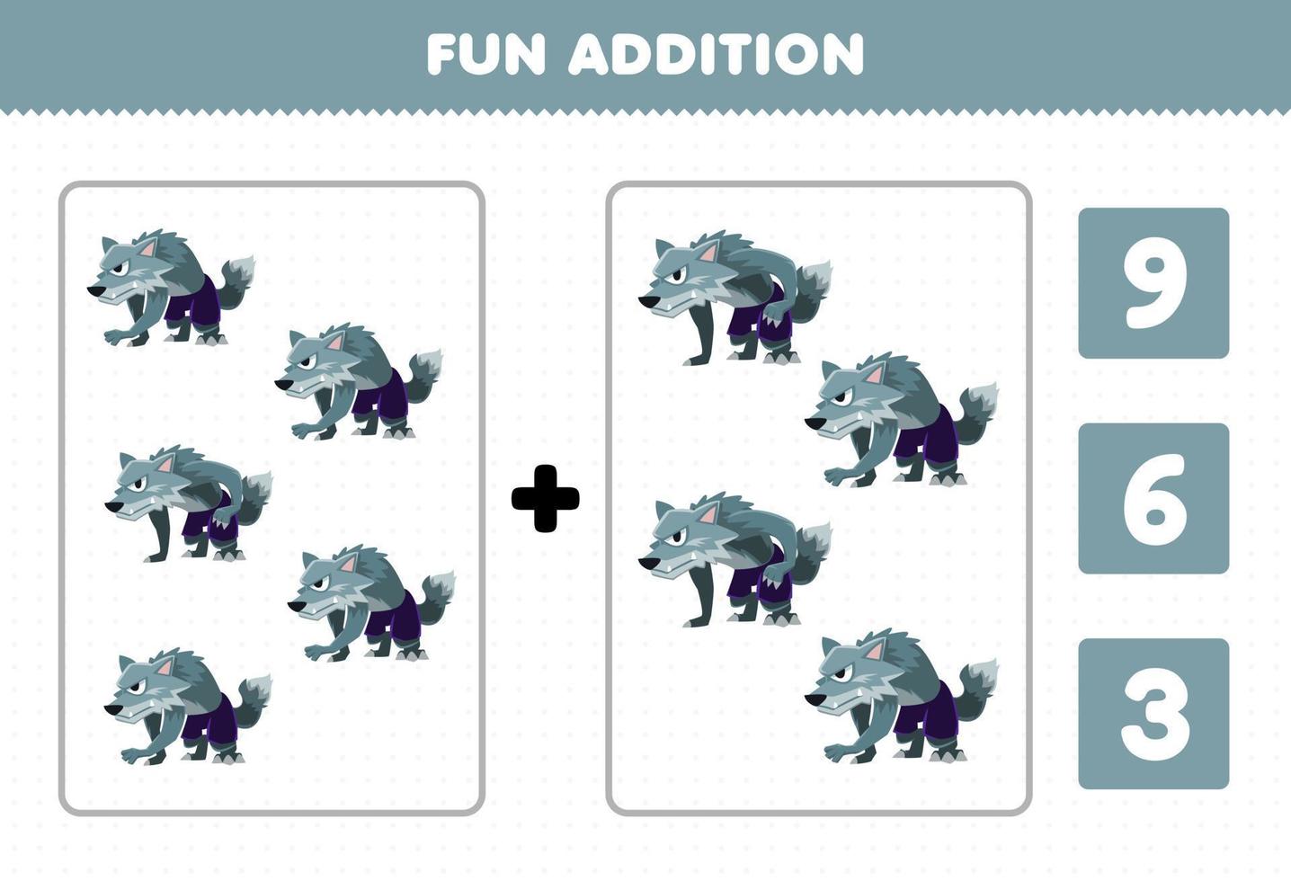 Education game for children fun addition by count and choose the correct answer of cute cartoon gray werewolf halloween printable worksheet vector