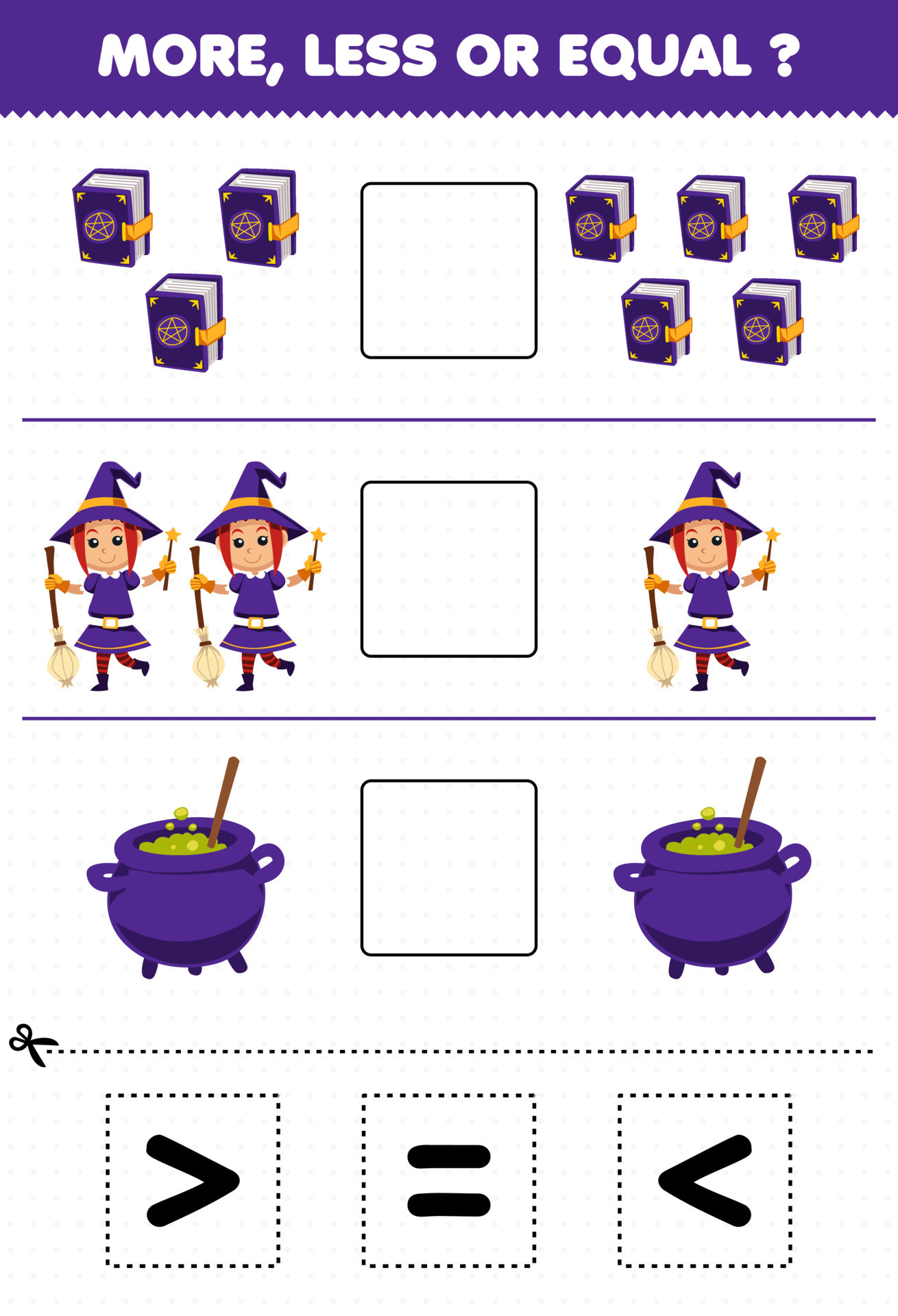 Education game for children count how many cute cartoon witch hat spell  book cauldron and write the number in the box printable halloween worksheet  14660308 Vector Art at Vecteezy