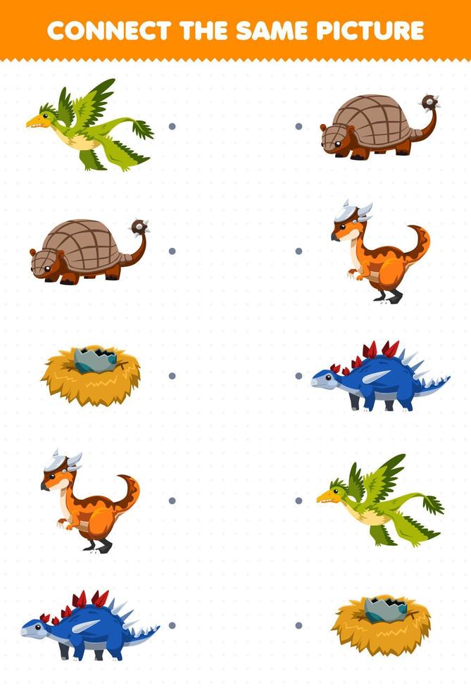 Education game for children connect the same picture of cute cartoon prehistoric dinosaur printable worksheet vector