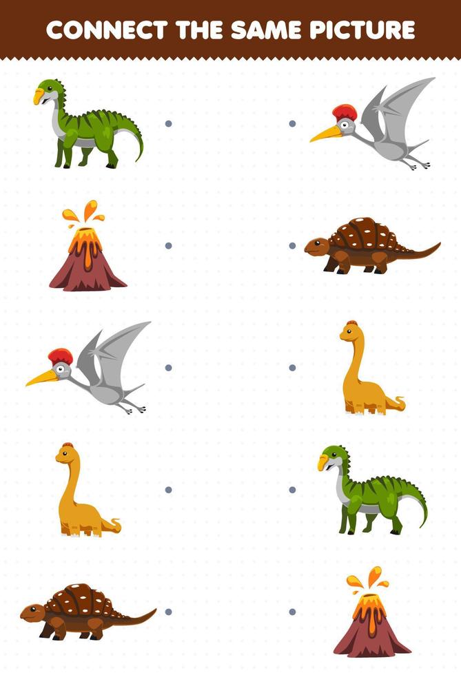 Education game for children connect the same picture of cute cartoon prehistoric dinosaur printable worksheet vector