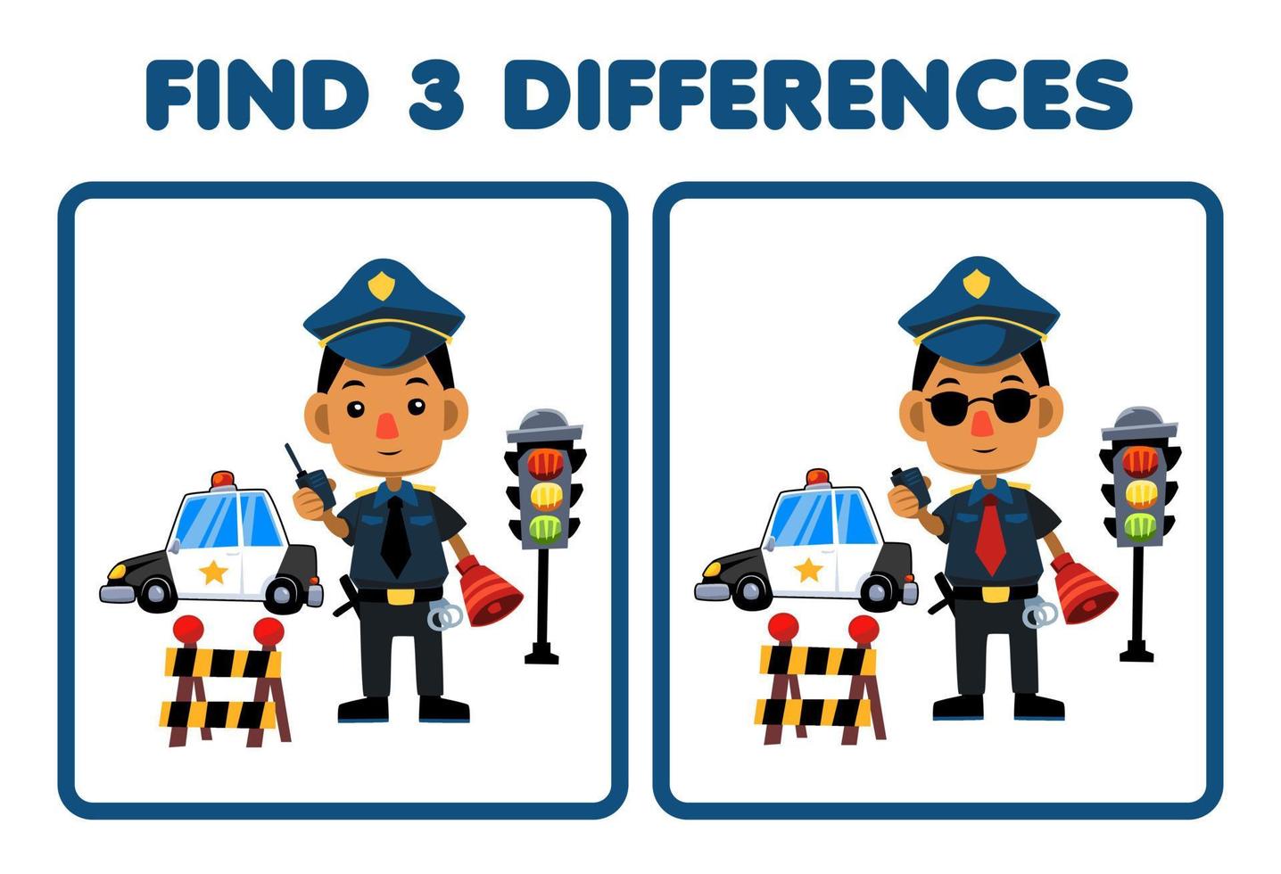 Education game for children find three differences between two cute cartoon police profession printable worksheet vector