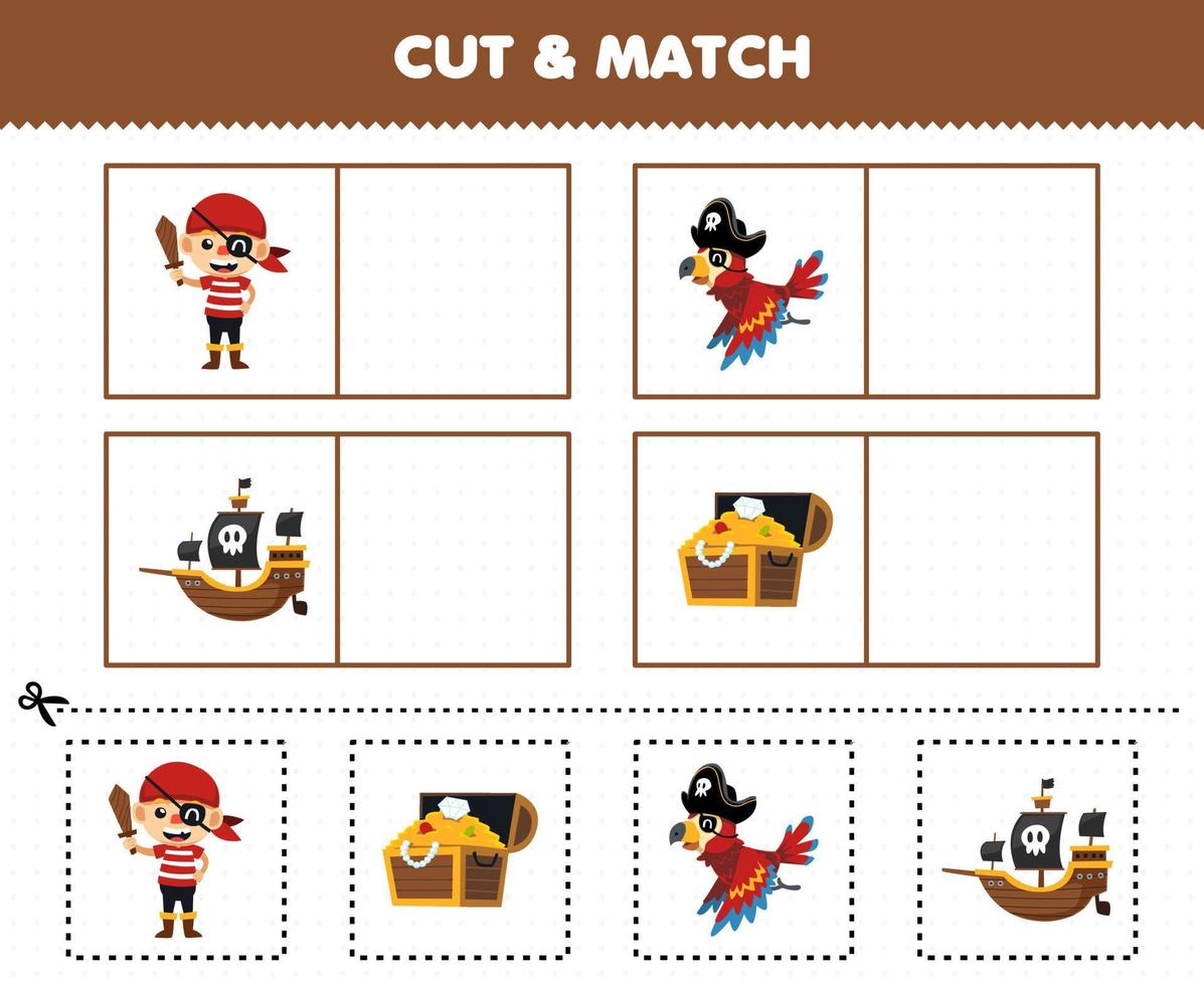 Education game for children cut and match the same picture of cute cartoon parrot treasure chest ship pirate costume halloween printable worksheet vector