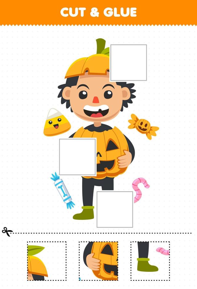 Education game for children cut and glue cut parts of cute cartoon pumpkin boy costume and glue them halloween printable worksheet vector