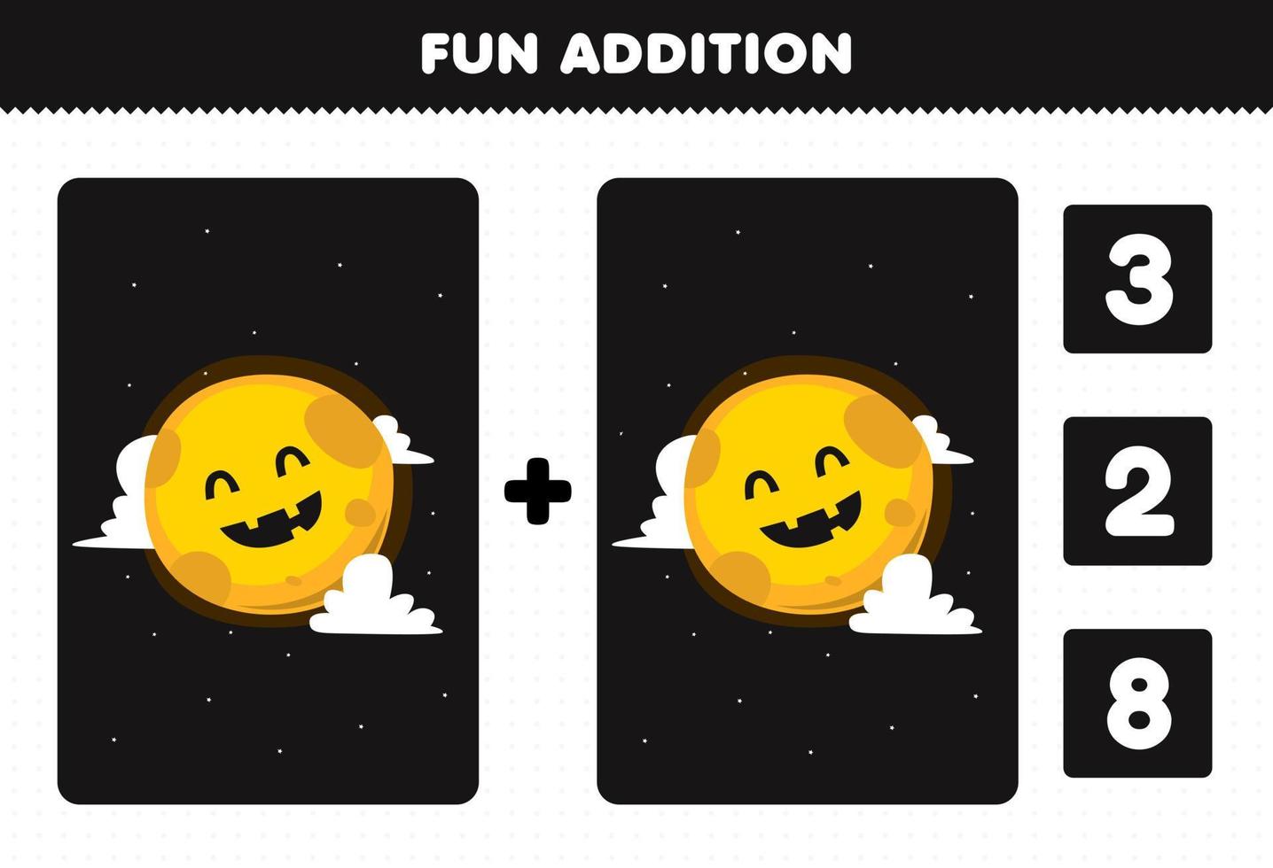 Education game for children fun addition by count and choose the correct answer of cute cartoon yellow moon halloween printable worksheet vector