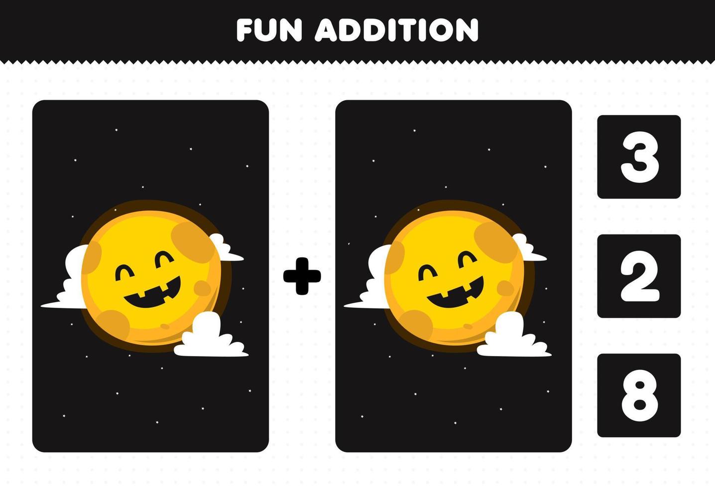 juego educativo para niños divertido además por conteo y elige la respuesta correcta de la linda caricatura luna amarilla hoja de trabajo imprimible de halloween vector
