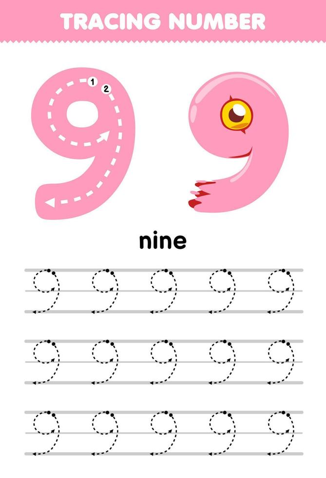 Education game for children tracing number nine with halloween theme printable worksheet vector