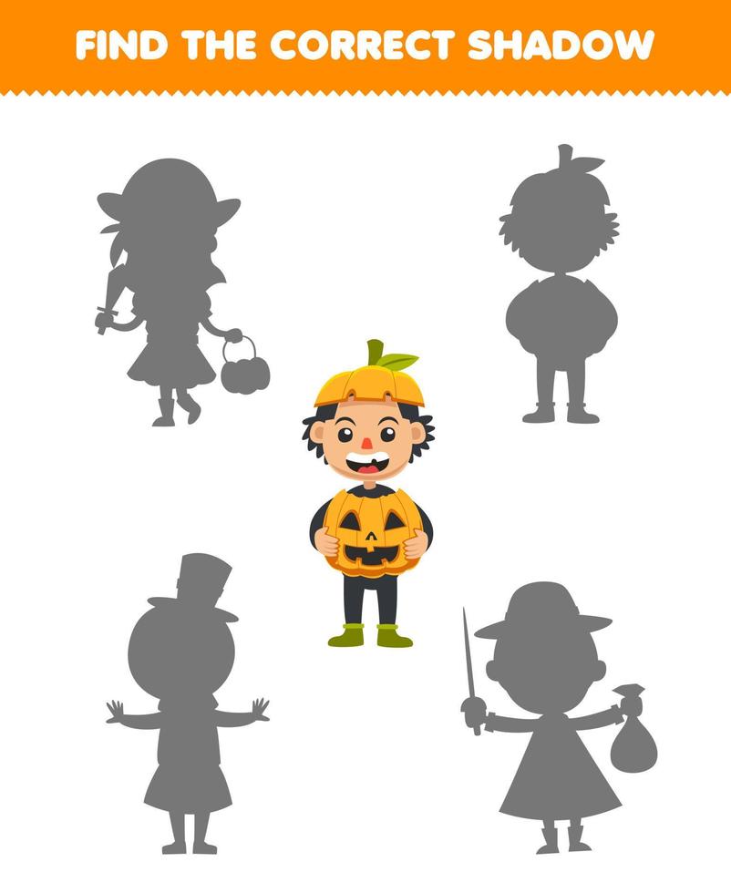 Education game for children find the correct shadow set of cute cartoon pumpkin boy costume halloween printable worksheet vector