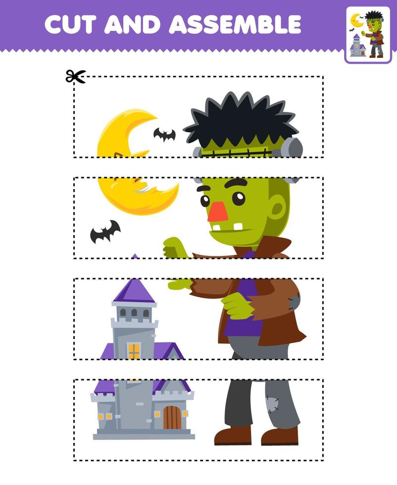 Education game for children cutting practice and assemble puzzle with cute cartoon frankenstein costume halloween printable worksheet vector