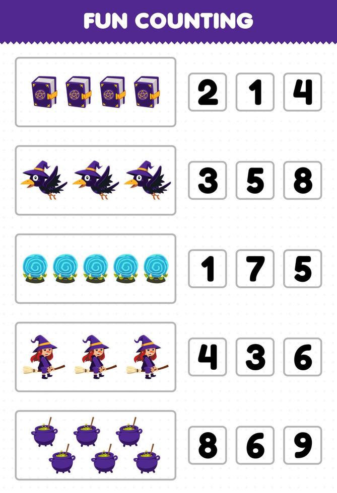 Education game for children fun counting and choosing the correct number of cute cartoon book crow magic orb cauldron witch costume halloween printable worksheet vector