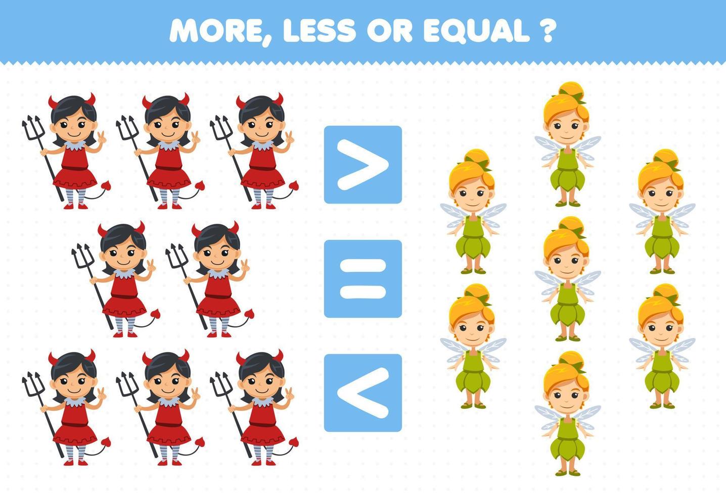 Education game for children more less or equal count the amount of cute cartoon devil girl and fairy costume halloween printable worksheet vector