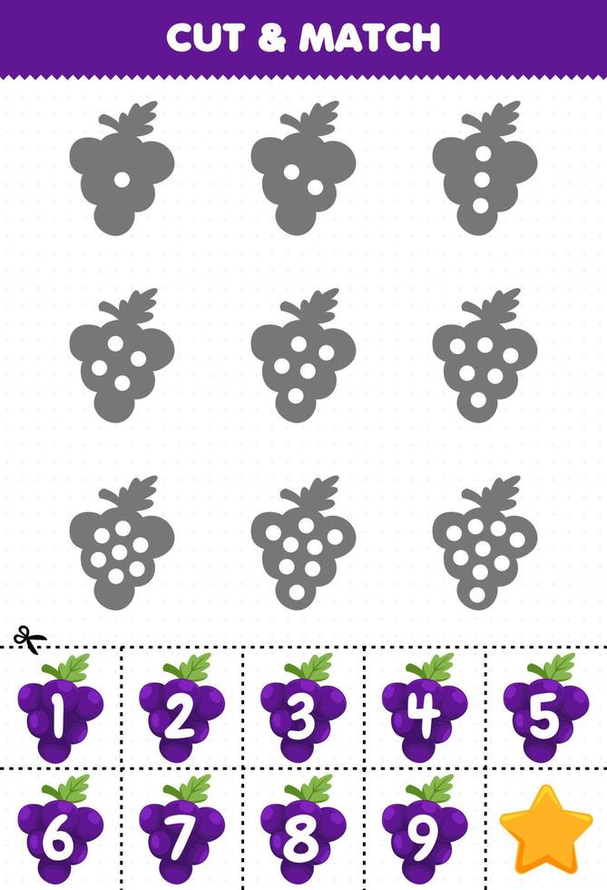 Educational game for kids count the dots on each silhouette and match them with the correct numbered grape fruits printable worksheet vector
