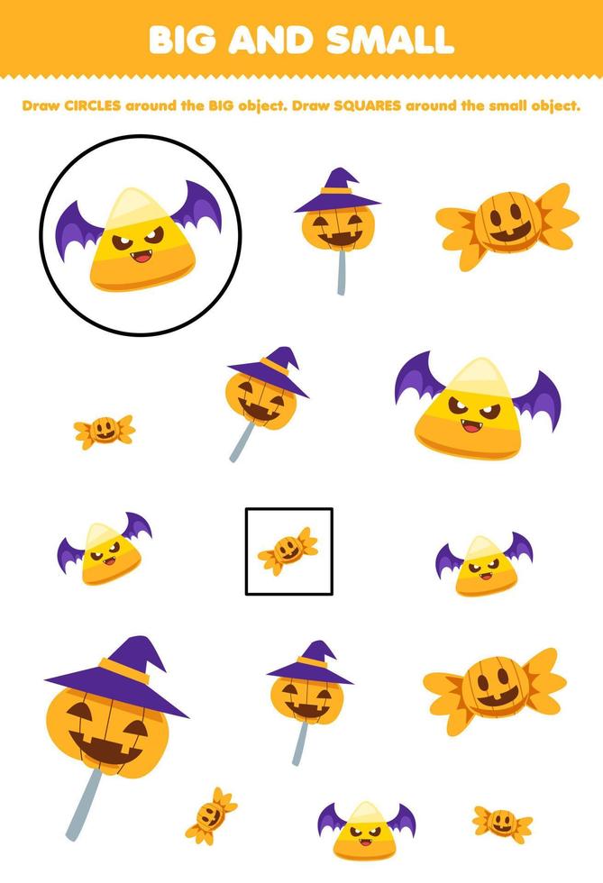 juego educativo para niños organizar por tamaño grande o pequeño dibujando un círculo y un cuadrado de la hoja de trabajo imprimible de halloween de dulces de maíz de dibujos animados lindo vector