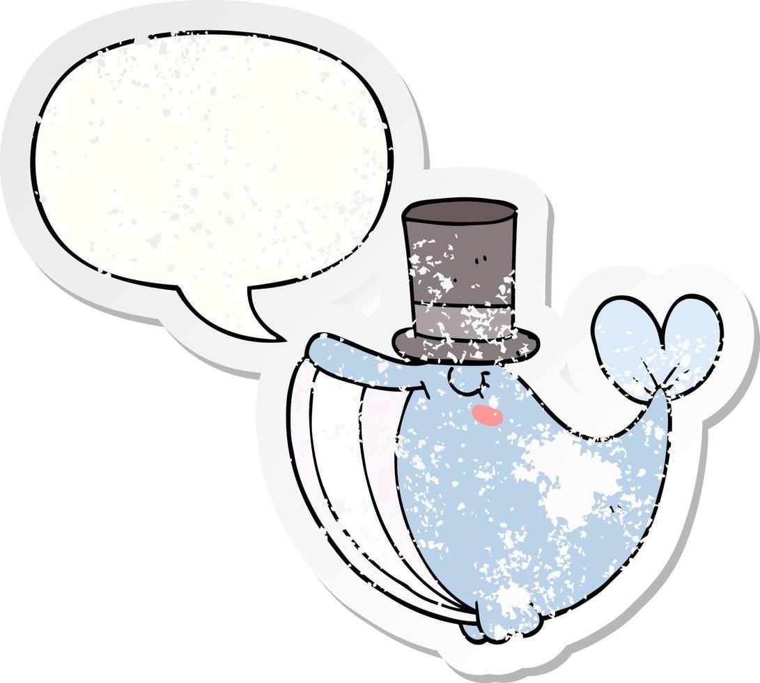 cartoon whale and top hat and speech bubble distressed sticker vector