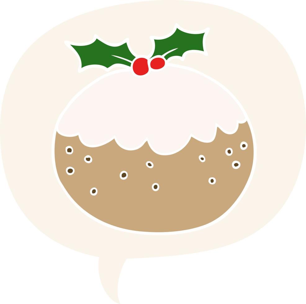 cartoon christmas pudding and speech bubble in retro style vector