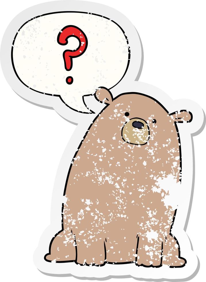 cartoon curious bear and speech bubble distressed sticker vector