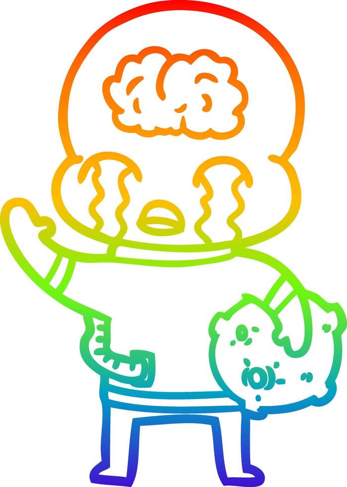 rainbow gradient line drawing cartoon big brain alien crying and waving goodbye vector