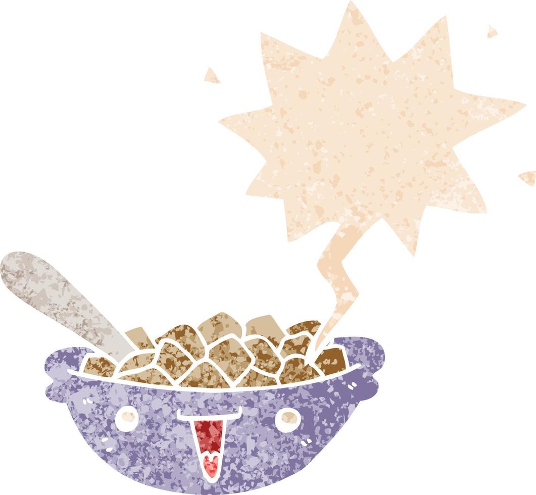 cute cartoon bowl of cereal and speech bubble in retro textured style vector