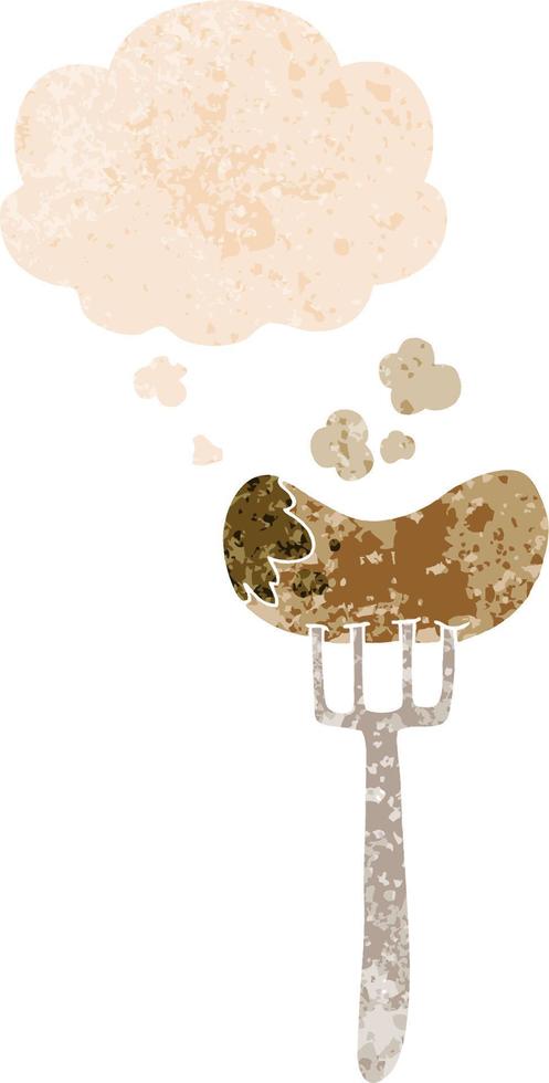 cartoon sausage and fork and thought bubble in retro textured style vector