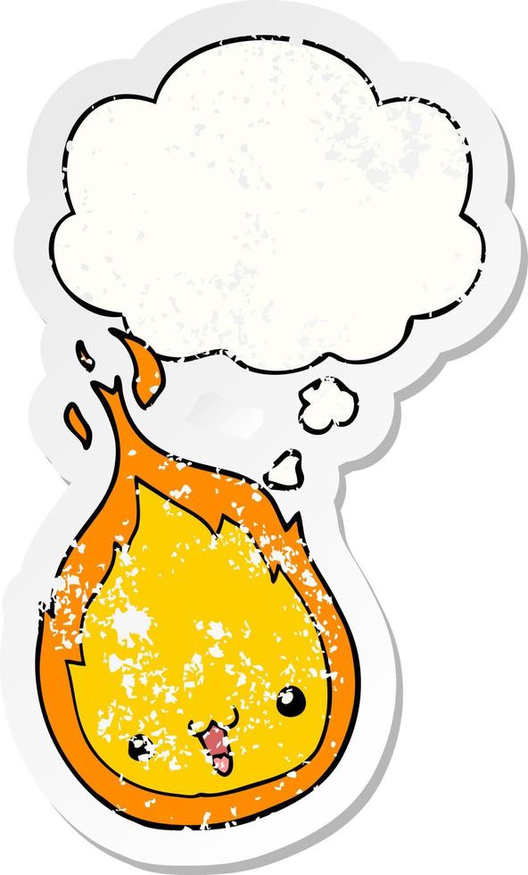 cute cartoon flame and thought bubble as a distressed worn sticker vector
