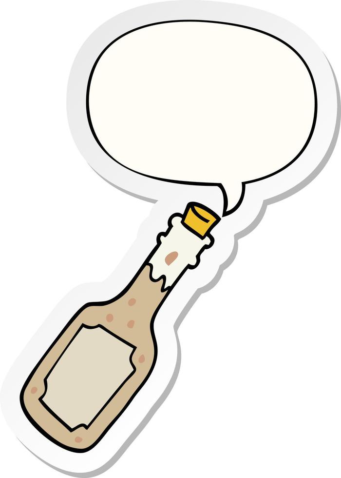 botella de cerveza de dibujos animados y etiqueta engomada de la burbuja del discurso vector