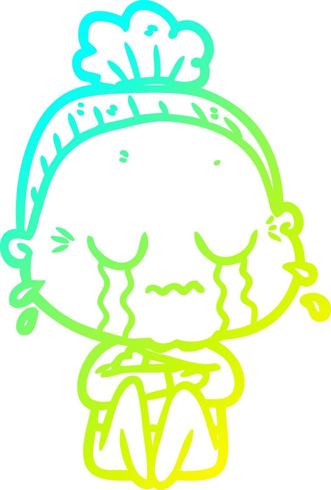 cold gradient line drawing cartoon crying old lady vector