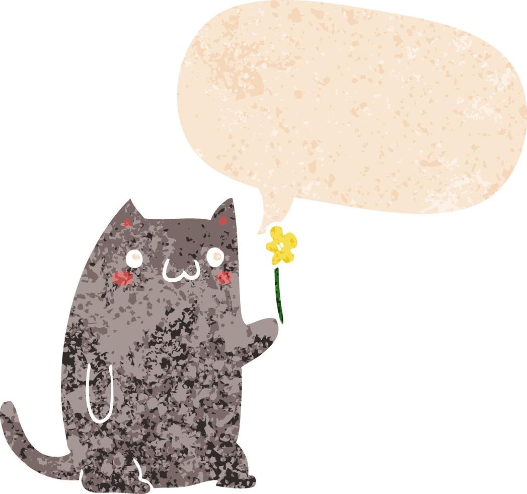 cute cartoon cat and speech bubble in retro textured style vector