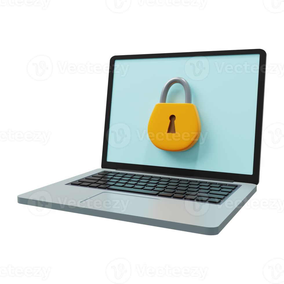 Computer security system concept with padlock icon on laptop screen 3d render png