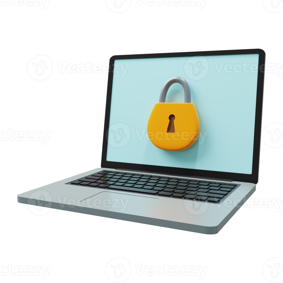 concepto de sistema de seguridad informática con icono de candado en la pantalla del portátil 3d render png