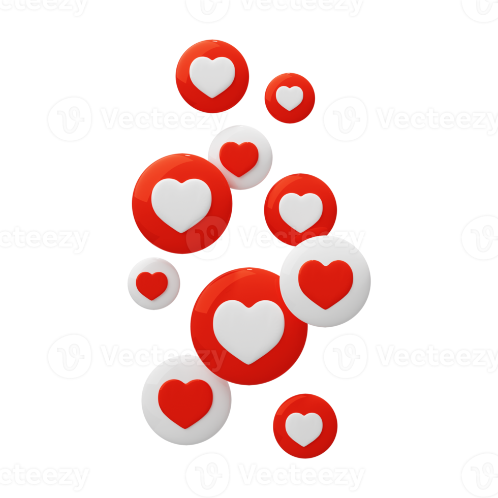 Corazones rojos voladores como el concepto en línea de las redes sociales como y el icono del corazón 3D Render png