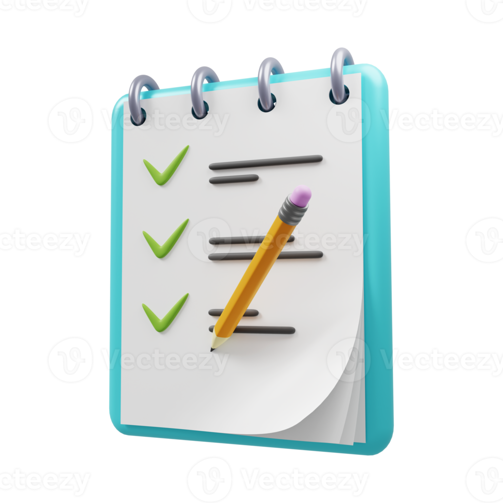 todo-listensymbol notizblock mit abgeschlossener todo-liste und bleistift-3d-rendering png