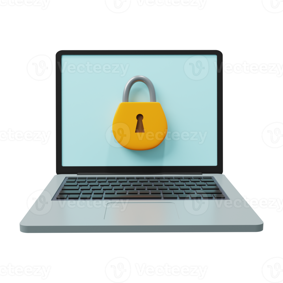 Computer security system concept with padlock icon on laptop screen 3d render png