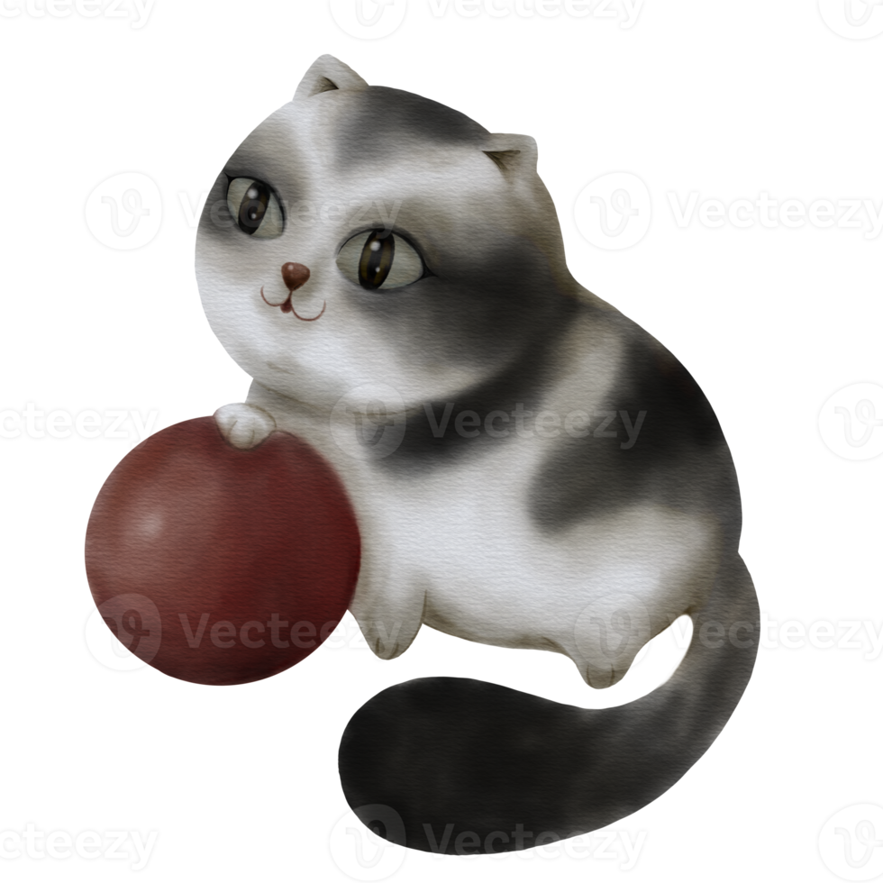 Eine mollige Katze mit schwarzen und weißen Streifen spielt mit einem Aquarellball png