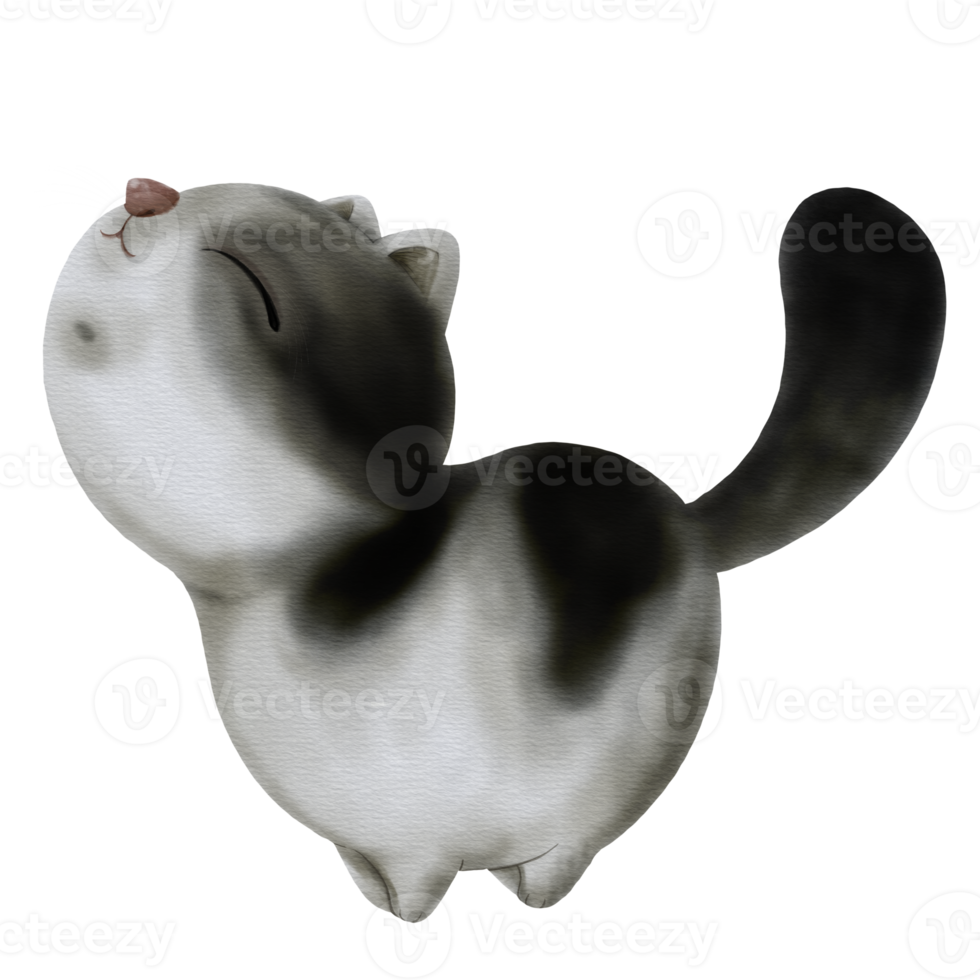Watercolors of a Black and White Chubby Cat Walking png