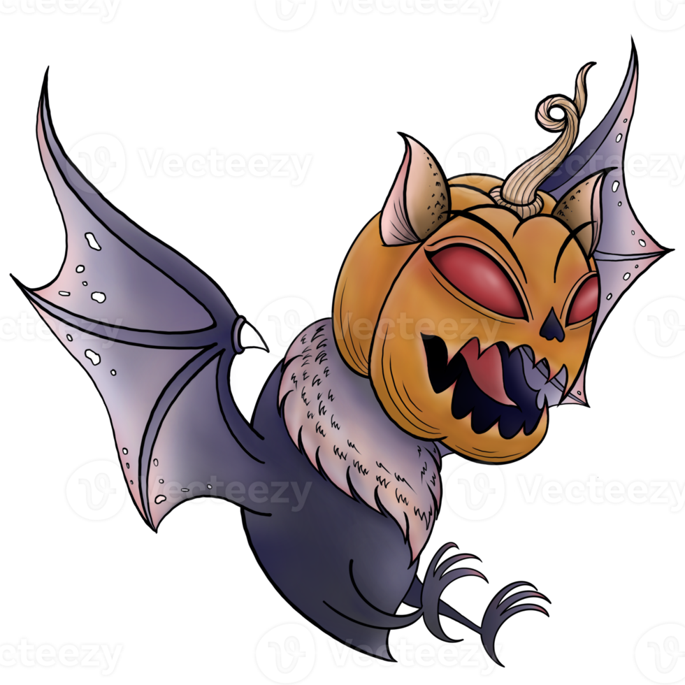 A bat with a pumpkin head is flying in Halloween png
