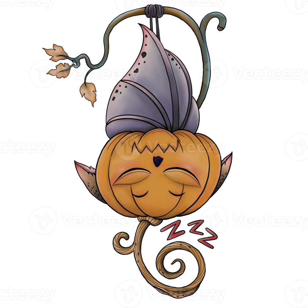 A bat sleeping in a mask halloween pumpkin head png