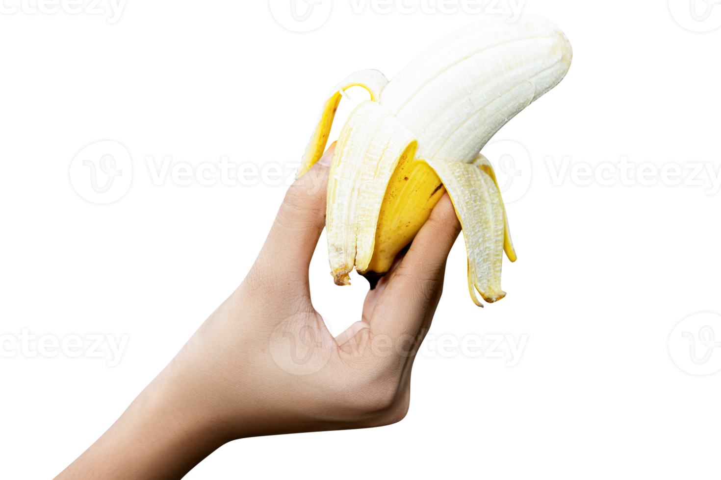 female hand holding steadily a banana isolated on white, png