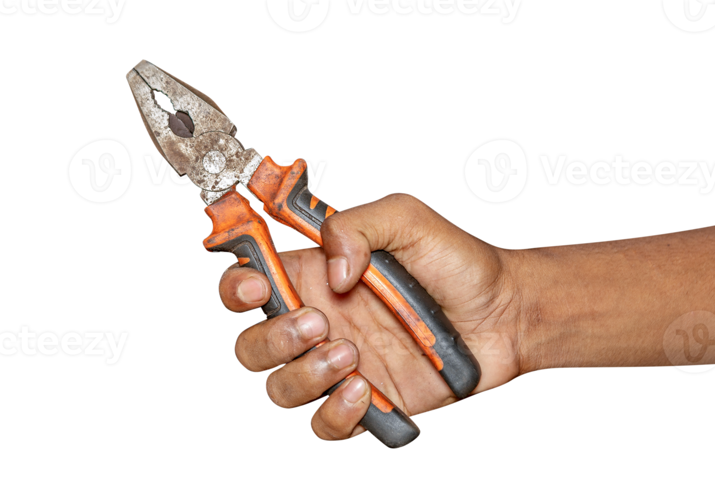 Worker's caucasian male hand holding a plier tool, composition isolated over the PNG background