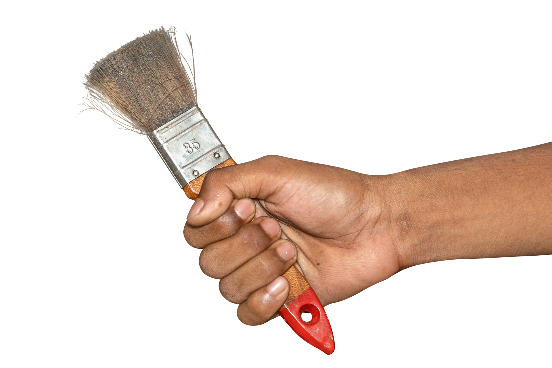 Old used flat paint brush with rust and paint marks isolated on PNG