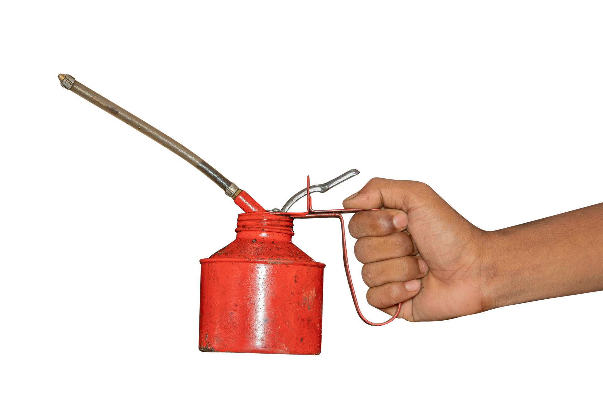 Old Hand holding a red oil can 10063641 PNG