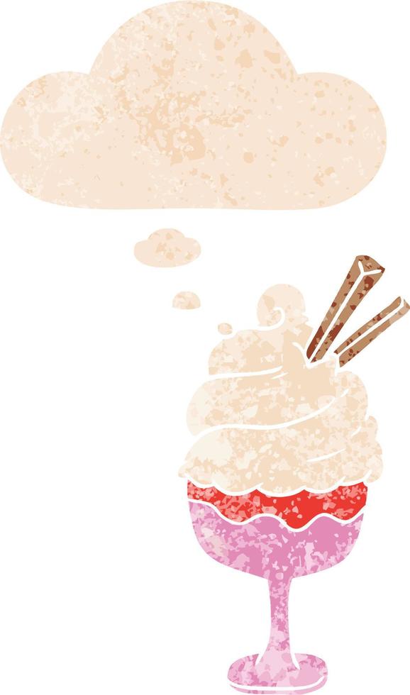 cartoon ice cream and thought bubble in retro textured style vector