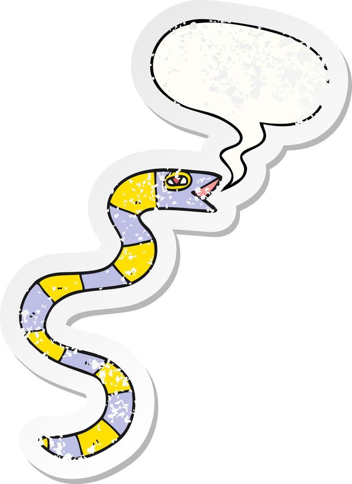 hissing cartoon snake and speech bubble distressed sticker vector