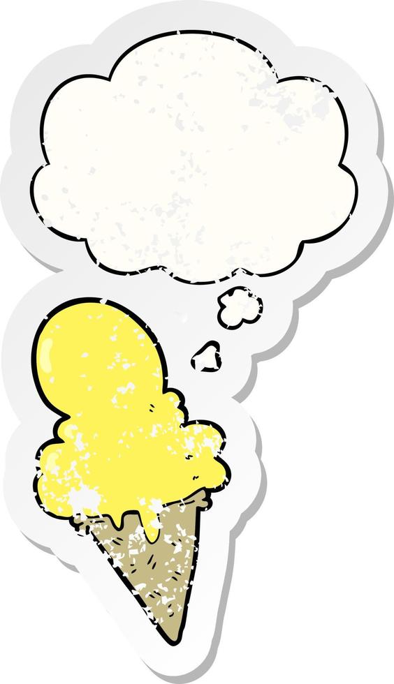 cartoon ice cream and thought bubble as a distressed worn sticker vector