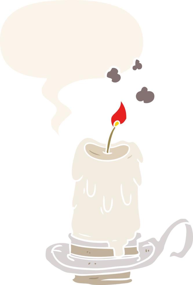 cartoon old spooky candle in candleholder and speech bubble in retro style vector
