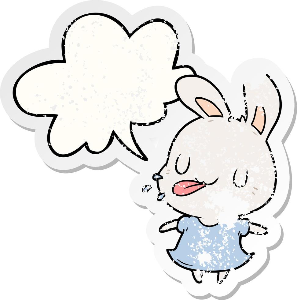 cute cartoon rabbit blowing raspberry and speech bubble distressed sticker vector