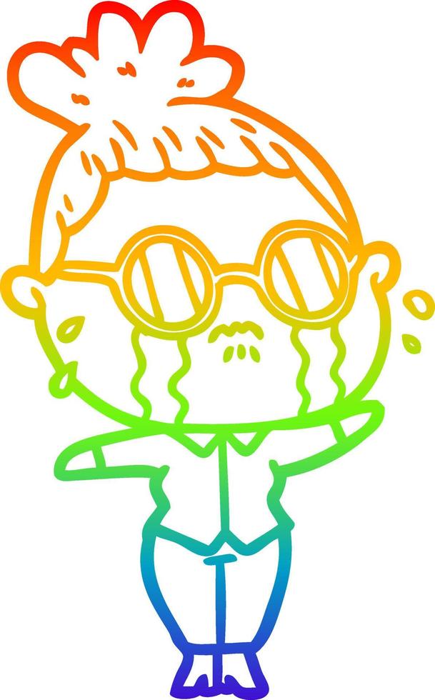 rainbow gradient line drawing cartoon crying woman wearing spectacles vector