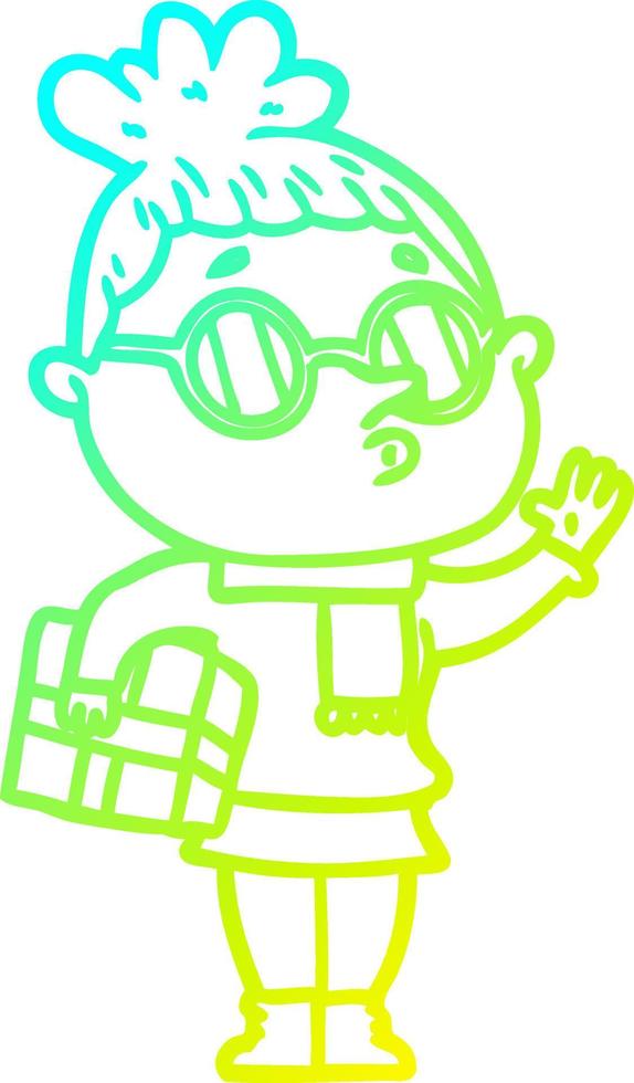 cold gradient line drawing cartoon woman wearing glasses vector