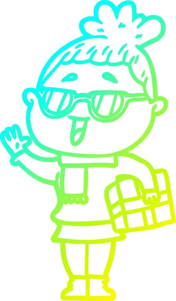 cold gradient line drawing cartoon happy woman wearing spectacles vector