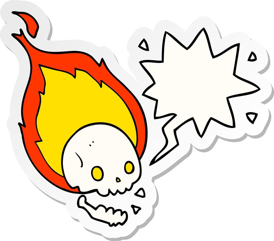 spooky cartoon flaming skull and speech bubble sticker vector