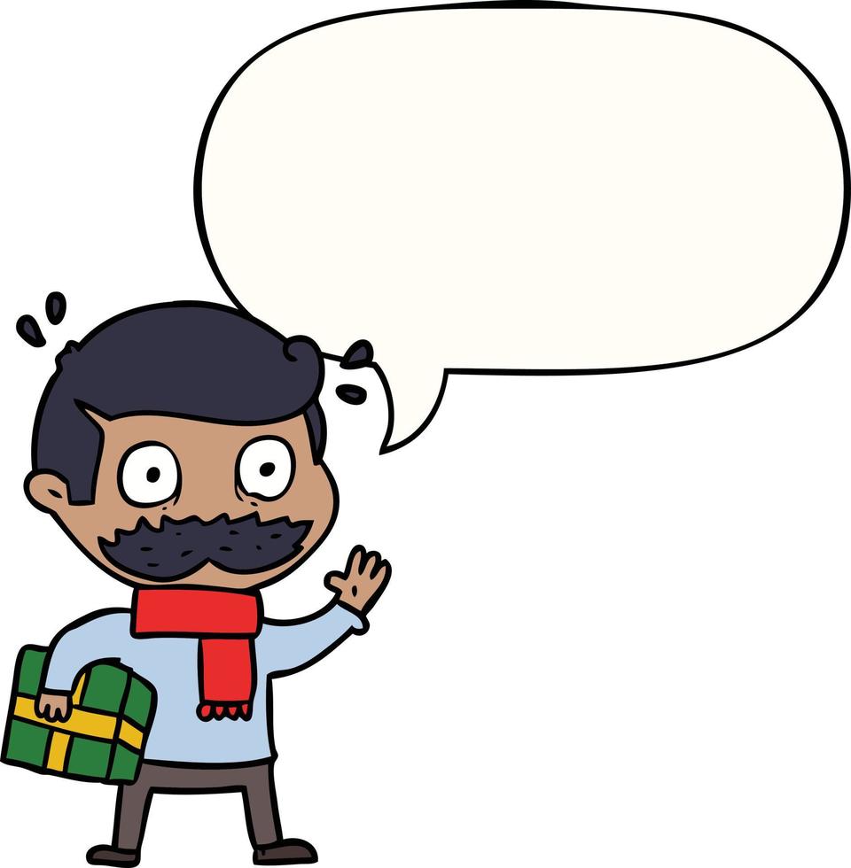 cartoon man and mustache and christmas present and speech bubble vector